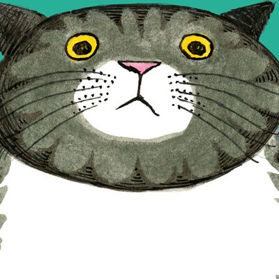Drawing of Mog the cat against a turquoise background.