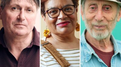 Three headshots of one man with grey hair in a red shirt, woman with short curly hair and a man wearing a blue denim shirt