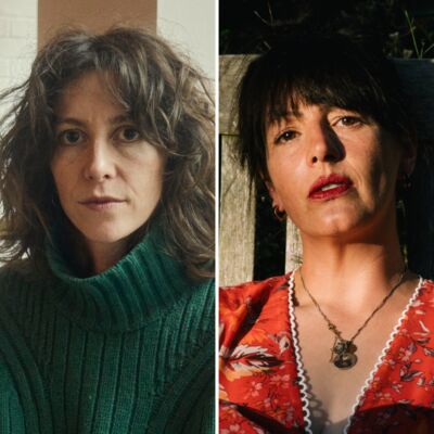 Two headshots of two women both with brown hair, one wearing green and the other in red sat on a wooden bench