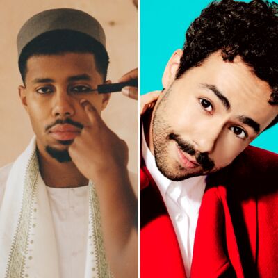 Two people one having khol eyeliner added to their eye and another wearing a red jacket on a blue background