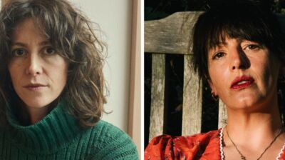 Two headshots of two women both with brown hair, one wearing green and the other in red sat on a wooden bench