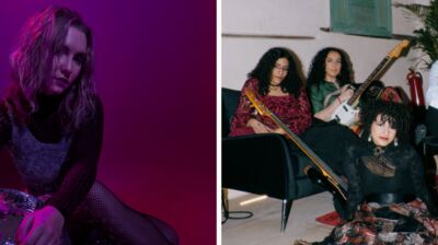 Left; someone sitting next to a disco ball wearing black in purple lighting, Right; a group holding their instruments sitting in a living room