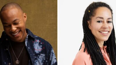 Someone wearing a blue fleece smiling and looking down (left) and someone with long braids smiling looking to camera (right)