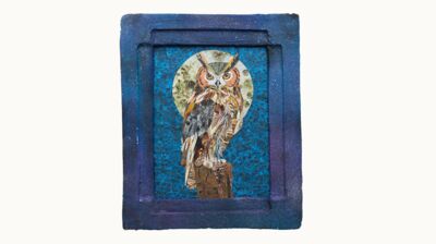 A painted owl on a blue background