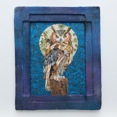 A painted owl on a blue background