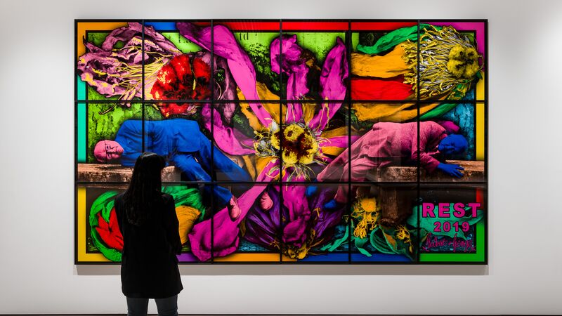 Installation view of Gilbert & George, REST, 2019. From the exhibition Gilbert & George: 21ST CENTURY PICTURES. Courtesy of the Hayward Gallery. Photo by Mark Blower.