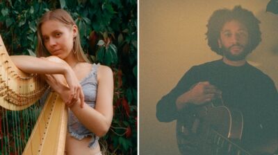 Left image of a person with blonde hair sitting with their harp, left image of a person sitting with a guitar