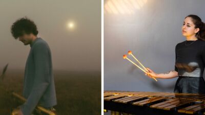 Right: A man holding a saxophone in a field. Left: A woman playing a xylophone