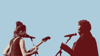 Two poets reading into microphones, one playing a guitar and the other holding a book against a blue background.