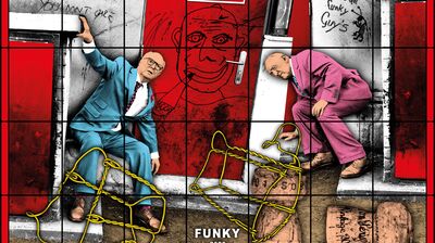 Artwork with two men one in a blue suit and the other in a pink suit crouching