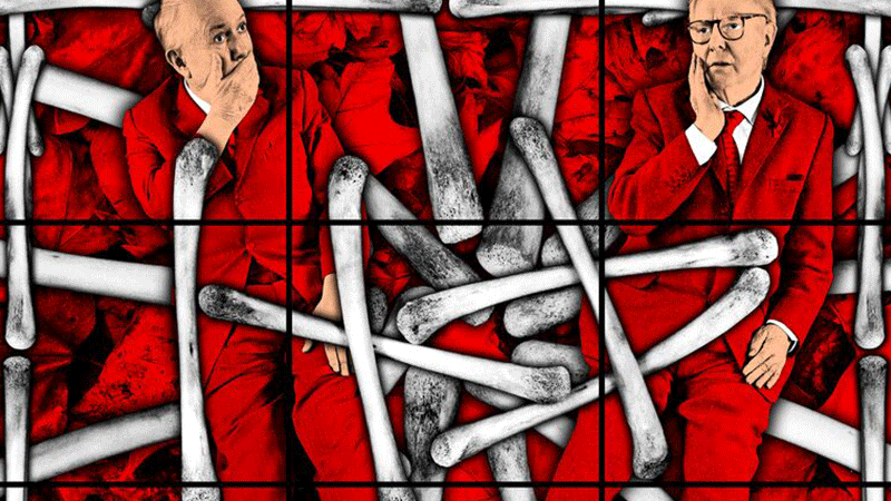 Rolling image of Gilbert & George in their own red artwork, people dressed up on a stage performing cabaret and actprs on a stage wearing top hats and suits dancing.