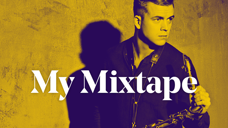 Marius Neset, a white man with slicked back blond hair stands by a wall holding a saxophone. The words 'My Mixtape' have been added in front of him in a large font