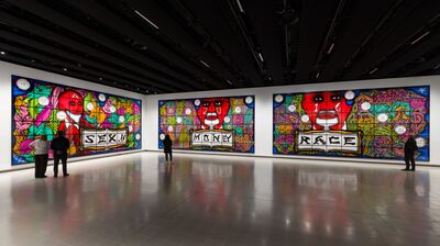 Three large artworks of a red face and other colourful elements with the words 'Sex!!, Money and Race' on each