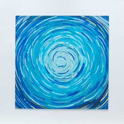 A square canvas on a white wall, with blue ripple paint strokes around in circles