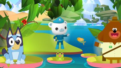 Cartoon of CBeebies animal characters in a jungle scene.