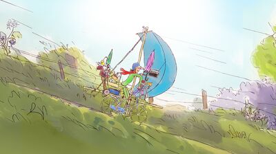 An illustration of a person riding a bike with a sail, racing down a hill