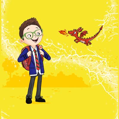 An illustration of a schoolboy with a red dragon breathing fire on a yellow background