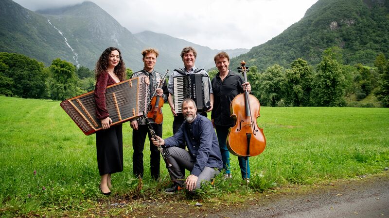 A group of musicians posing in a green valley, with a waterfall in the background