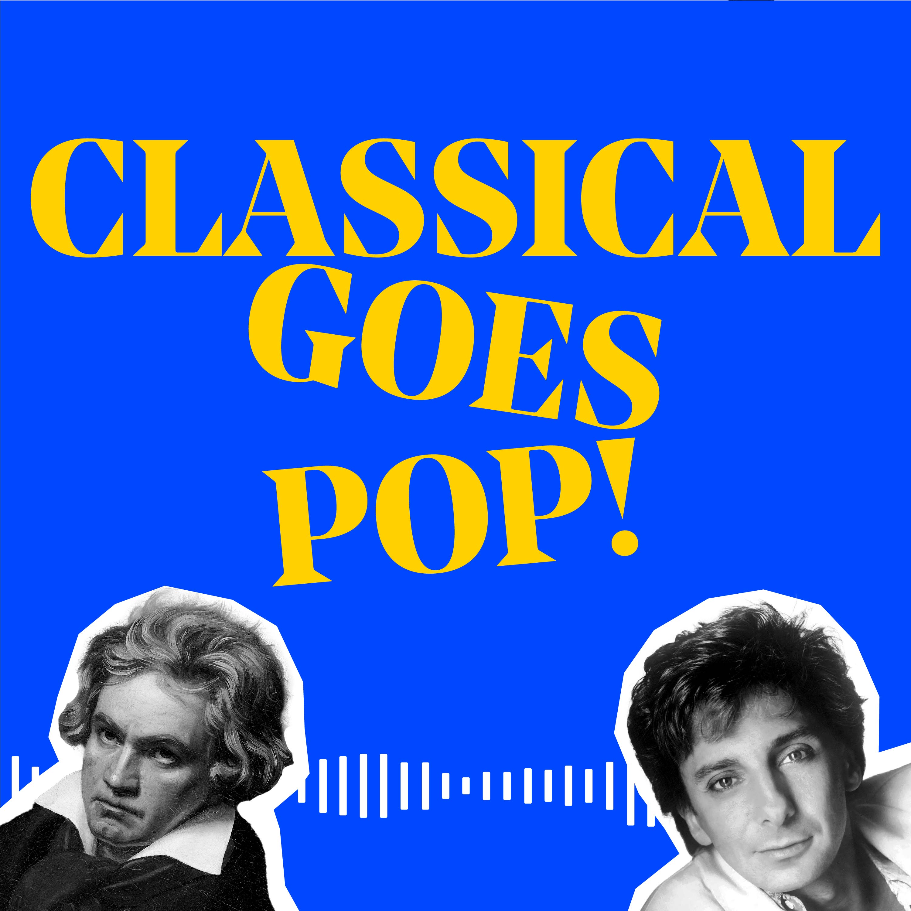 A blue image with a yellow writing on it that says CLASSICAL GOES POP