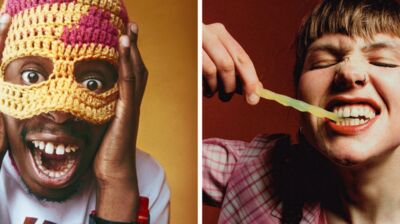 Left; someone wearing a yellow and red crochet beanie with holes for eyes, right; someone with plaited hair eating a worm sweet