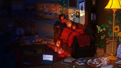 Drawing of a messy room with two people sleeping on the couch and a man playing the violin next to them.