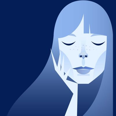 Abstract illustration of a woman with long blue hair, eyes closed, resting her chin on her hand.