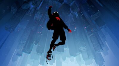 Animated Spider Man jumping in the air infront of an upside down cityscape