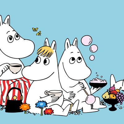 Illustrated white Moomin characters sit having a tea party on a blue background