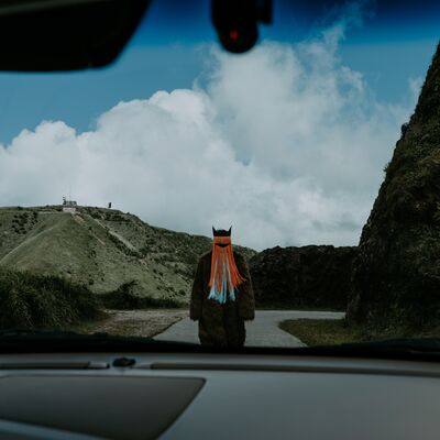 A figure wearing an orange tassled headpiece standing infront of a car, with the viewpoint from the passenger seat