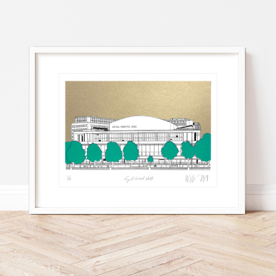 A Royal Festival Hall print with a golden background