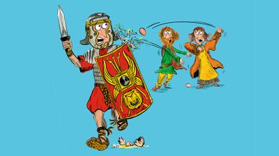 An illustration of a Roman soldier with a shield and a sword with two characters in the background throwing eggs at him