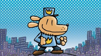 A cartoon drawing of Dog Man from the popular book series, wearing a police uniform and crown, walking on a line above a purple city skyline, set against a blue polka dot sky.