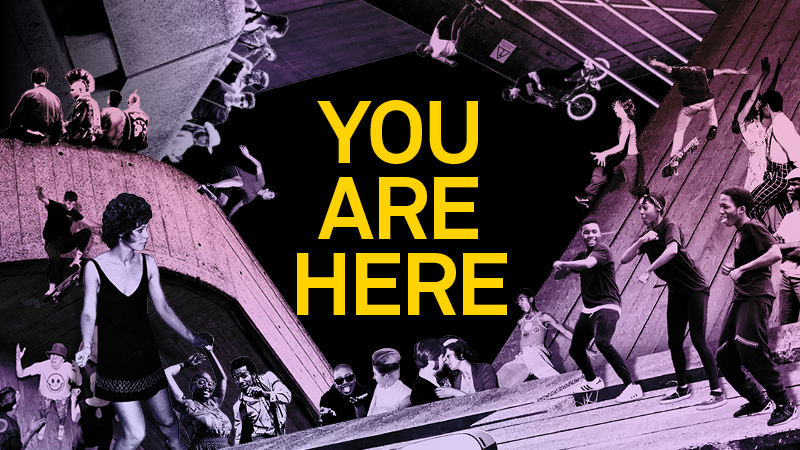 A collage of black and white pictures of young people, with the words You Are Here in the middle