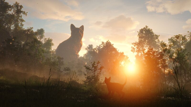 An illustration of a black cat in a field with a larger cat in the distance