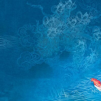 An illustration of a blue ocean with a little ship