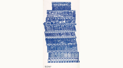 The leaning tower of Pisa made from blue illustrations collaged together