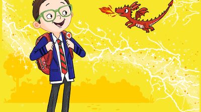 An illustration of a schoolboy with a red dragon breathing fire on a yellow background