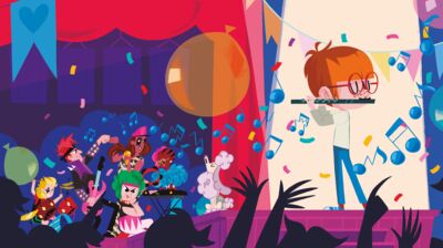 Illustration of the character Sam playing his flute whilst his family of rock musicians listen in the audience