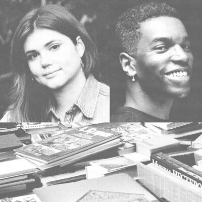 Two peoples profiles are grey and collaged with an image of piles of books and a dotted square.