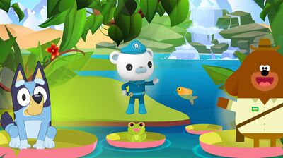 CBeebies cartoon animal characters in a jungle scene.