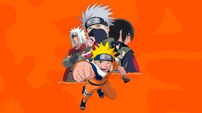 Illustrated animation characters from Naruto on an orange background