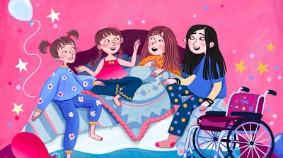 An illustration of girls sitting on a bed, on a pink background with stars and balloons
