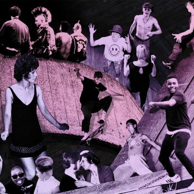 Composite image of people and concrete structures