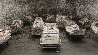 15 white beds in a large room with people sleeping on each, with black threads tracking across the space