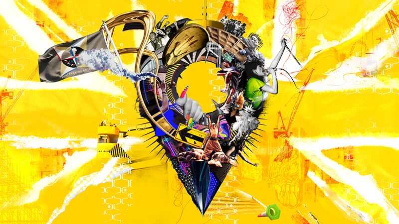 You Are Here digital collage in a pin drop shape, on a bright yellow british flag background