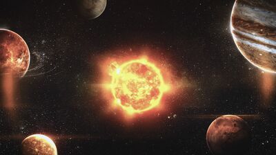 A glowing sun is surrounded by various planets, including Jupiter and Mars, in deep space.