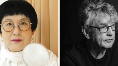Side-by-side portraits: a woman in white with a magnifying glass and a black-and-white photo of a man in glasses.