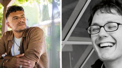 Split image: A tan man looking away in a garden, and a black-and-white close-up of a man laughing with eyes closed.