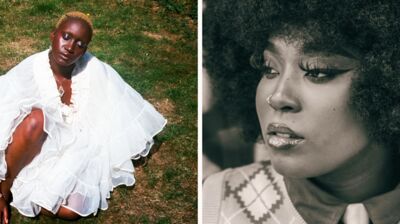 Two images, on the left someone is sitting on the grass in a floaty white dress and on the right is a black and white close up portrait