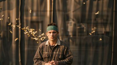 A man wearing a green banada and overshirt looks towards the camera